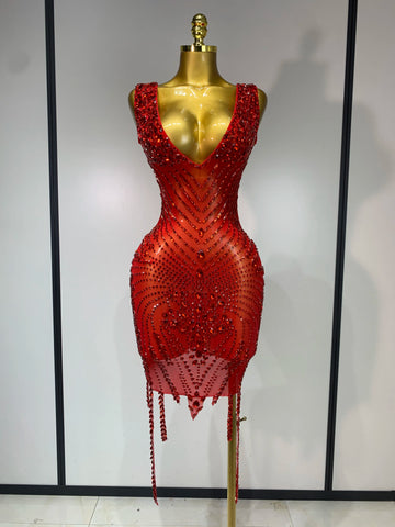 Sparkly Rhinestone Mesh See Through V Neck Dress Women Sexy Performance Stage Costume Evening Party Club Luxury Birthday Outfit