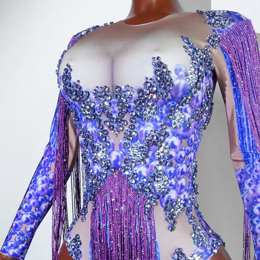 Custom Purple Fringes Sequin Bodysuit Women Sexy Latin Drag Queen Costumes Dance Outfits Stage Performance Party Birthday Club