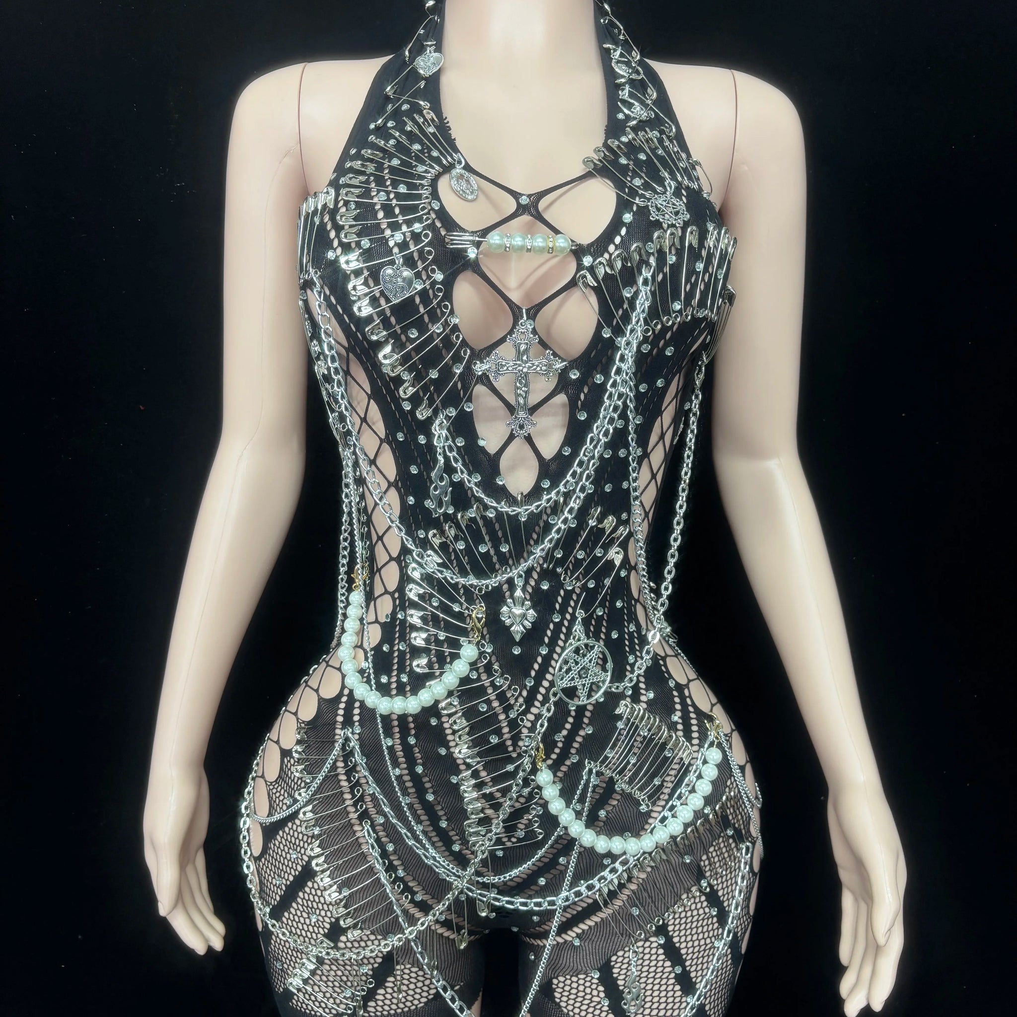Body sexy dos nu sans manches avec chaîne et perles pour femme, tenue de soirée, de spectacle, de scène, de discothèque