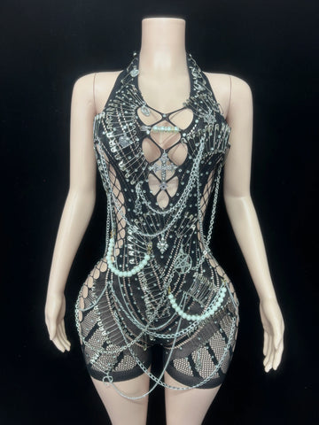 Body sexy dos nu sans manches avec chaîne et perles pour femme, tenue de soirée, de spectacle, de scène, de discothèque