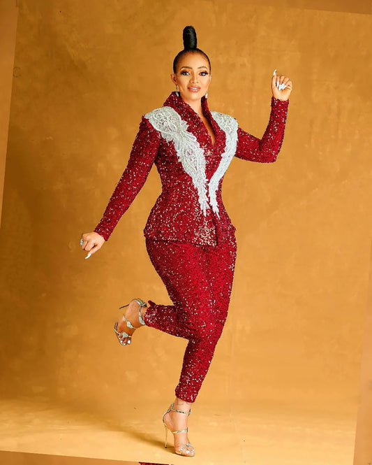 Trajes de pantalón con lentejuelas para mujer, 2 piezas, talla grande, con apliques de encaje, blazer, vestido de invitada de boda personalizado, traje de fiesta de noche y graduación con blazer.