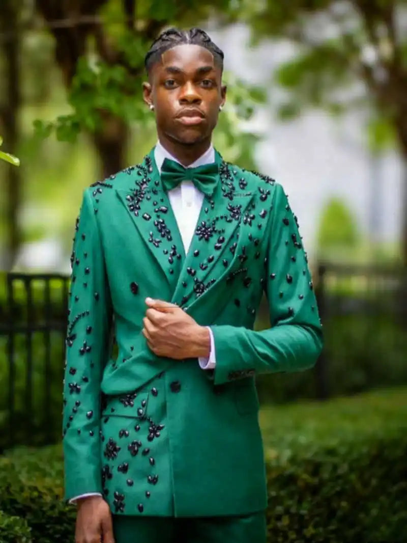 Bright Wedding Tuxedos Ribbon Crystal 2 Pcs Jacket Pants Men Suit Fashion Double Breasted Evening Business Blazer Customized