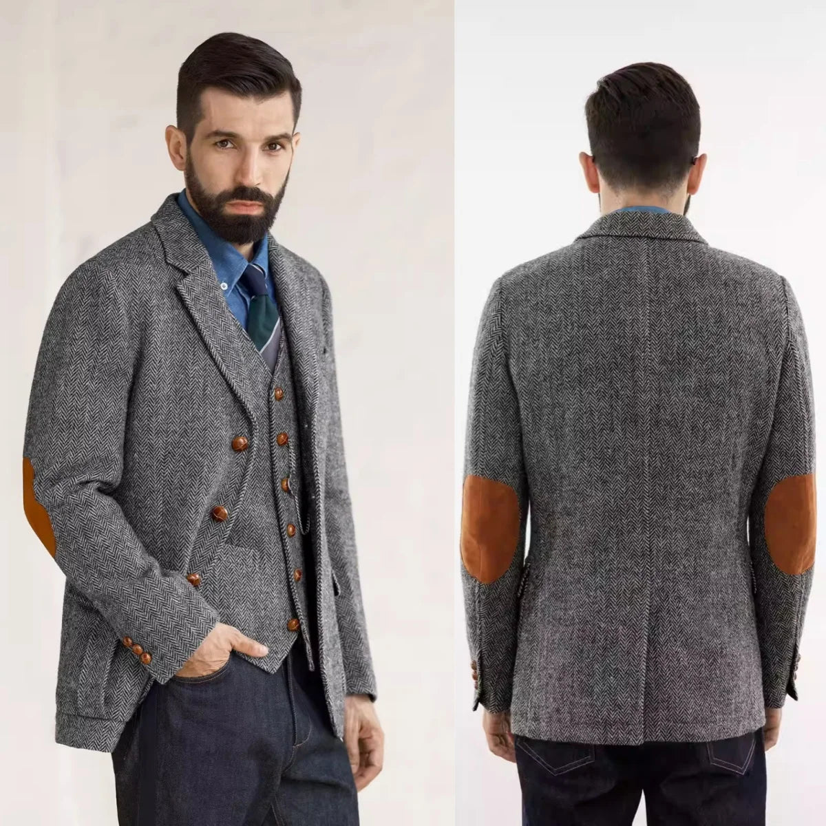 Casual Men Coat Herringbone 2 Piece Set Jacket Vest Trench Coats Classic Fit Single Breasted Business Blazers Customized