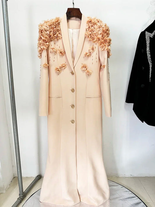 Designer Maxi Dresses Women's Long Sleeve Stunning Flowers Appliques Beaded Long Dress
