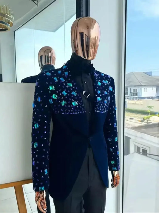 Men Suits Unique Shawl Lapel Crystal Tailor-Made 2 Pieces Set Velvet  Beaded One Button Blazer Customized Jacket Black Pants