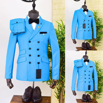 Simple Men Suits Notched Lapel Blazer 2 Piece Set Tuxedo Double Breasted Unique Design Groom Coat Customized Jacket Pants