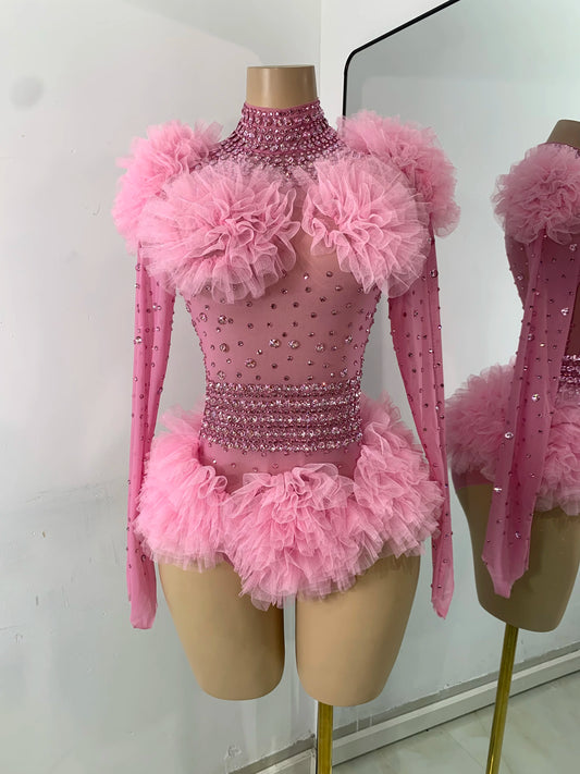 Pink Dimonds Feather Tight Bodysuit Performance See Through Mesh Stage Leotard Nightclub Birthday Celebrate Bar Fashion Outfit