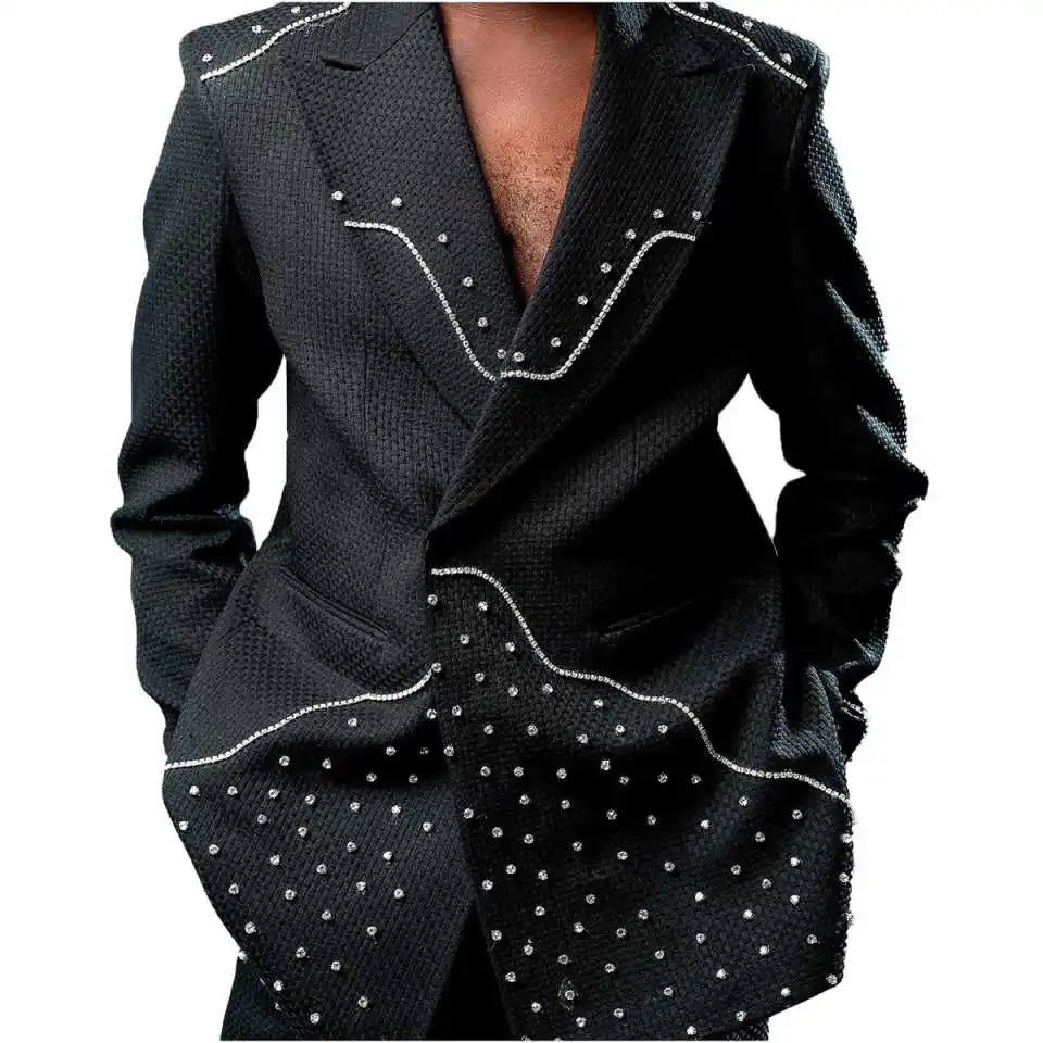 Modern Wedding Tuxedos 2 Piece Set Jacket Pants Waffle Crystal Men Suit Peaked Lapel Groom Wear Party Suits Customized