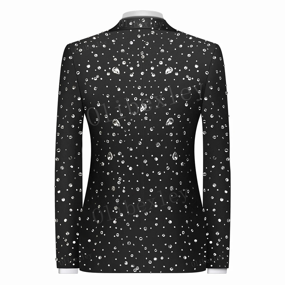 Luxury Full Crystal Tuxedos for Men Wedding Slim Fit Tailored Peaked Lapel Jacket 2 Pieces Male Costume Groom for Prom