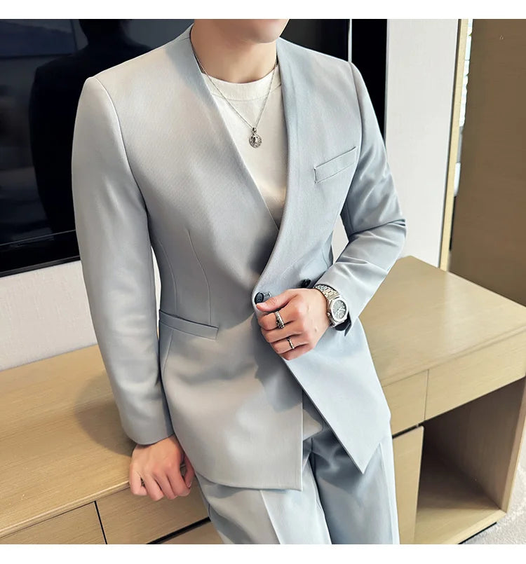 Stylish Men's Suit Coat Collarless V-Neck Solid Wear Style Slim Fit Blazer Jacket Male Black White Blue