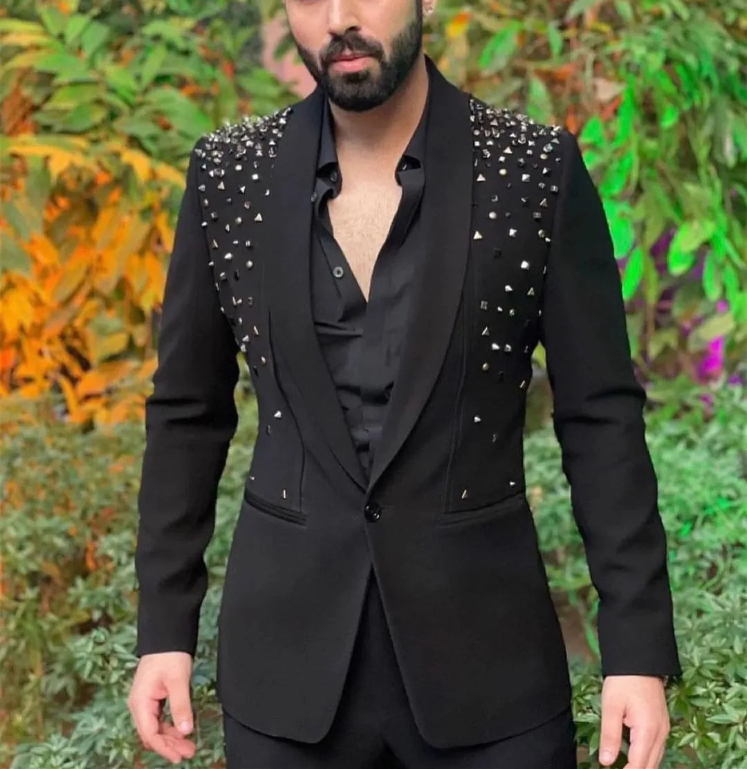 Men Suits Tailor-Made 2 Pieces Blazer Pants One Button Diamonds Beaded Sheer Lapel Business Wedding Plus Size Customized