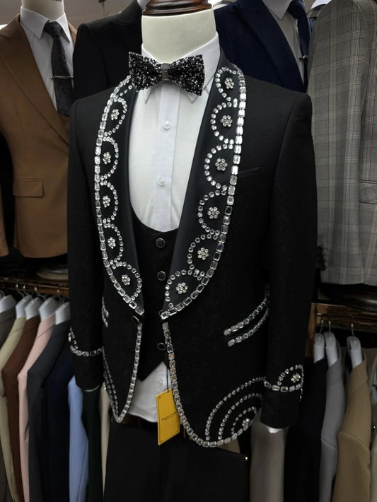 Retro Men Suits Shawl Lapel Tailor-Made 2 Pieces Jacquard Crystal Jacket Blazer One Button Groom Evening Customized Coat Pants