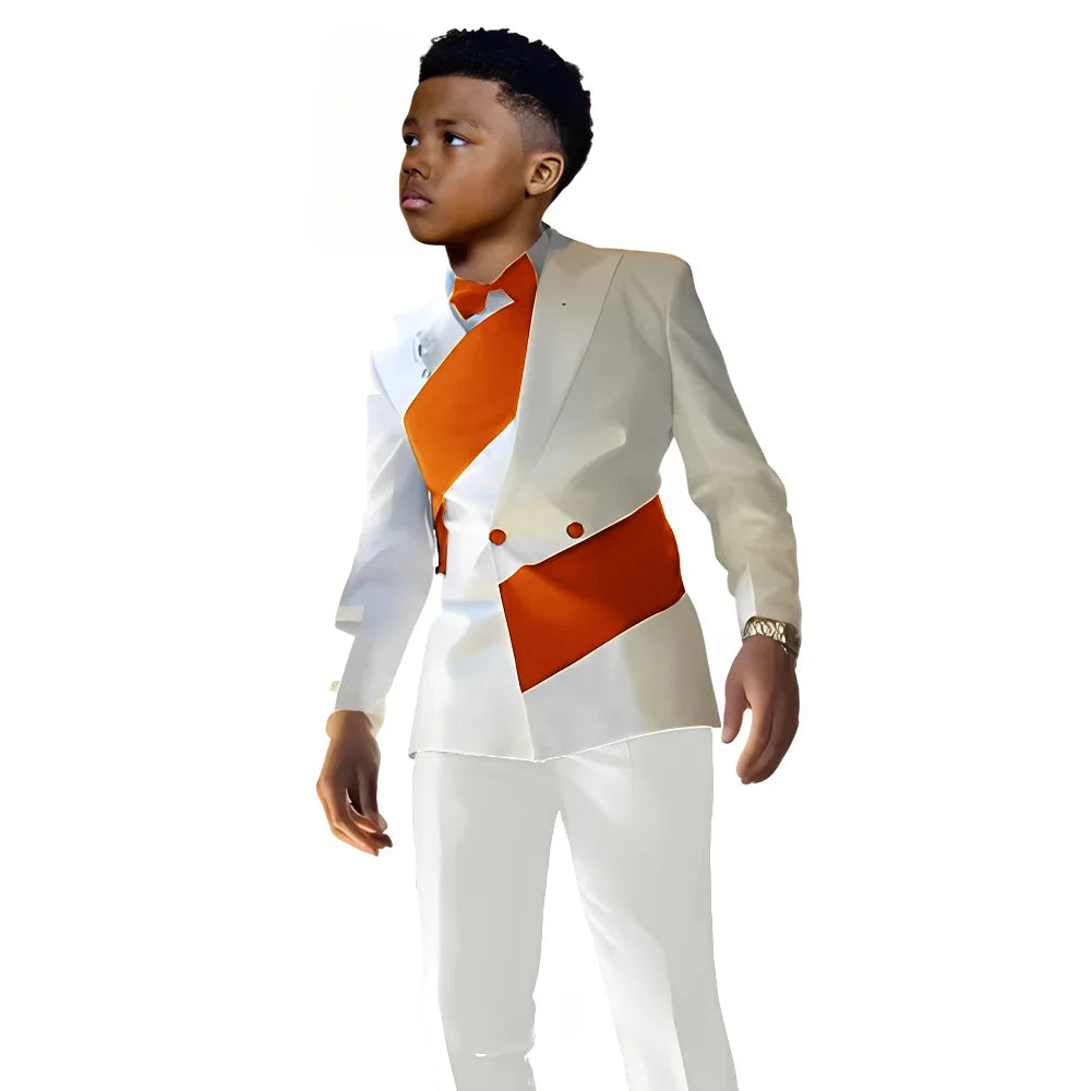 Satin Boys Suit 2 Pieces Set Double Breasted White Jacket with Pants Wedding Tuxedo Kids for 2-16 Years Old Boy Slim Fit Suit