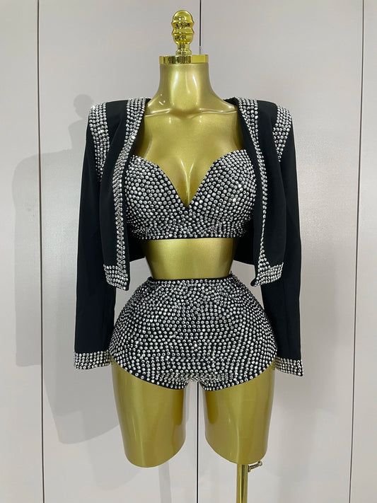 Women Luxury Sparkly Rhinestone Jacket Bra Top Shorts Three Pieces Set Sexy Nightclub Bar Dance Singer Performance Stage Outfit