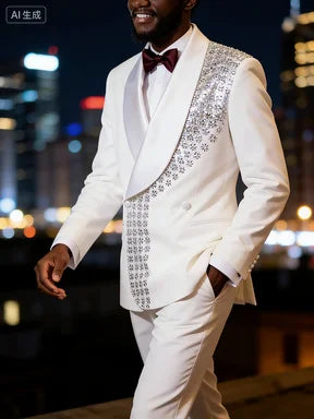 Gorgeous Wedding Tuxedos Beaded Crystal 2 Pcs Men Suit Trim Fit Jacket Pants Evening Groom Male Outfits Customized