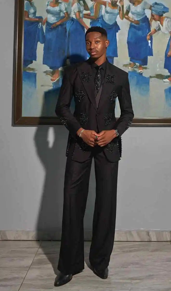 Luxury Men Suit 2 Pieces Blazer Tuxedo One Button Crystals Beaded Slim Fit Wedding Groom Prom Customized