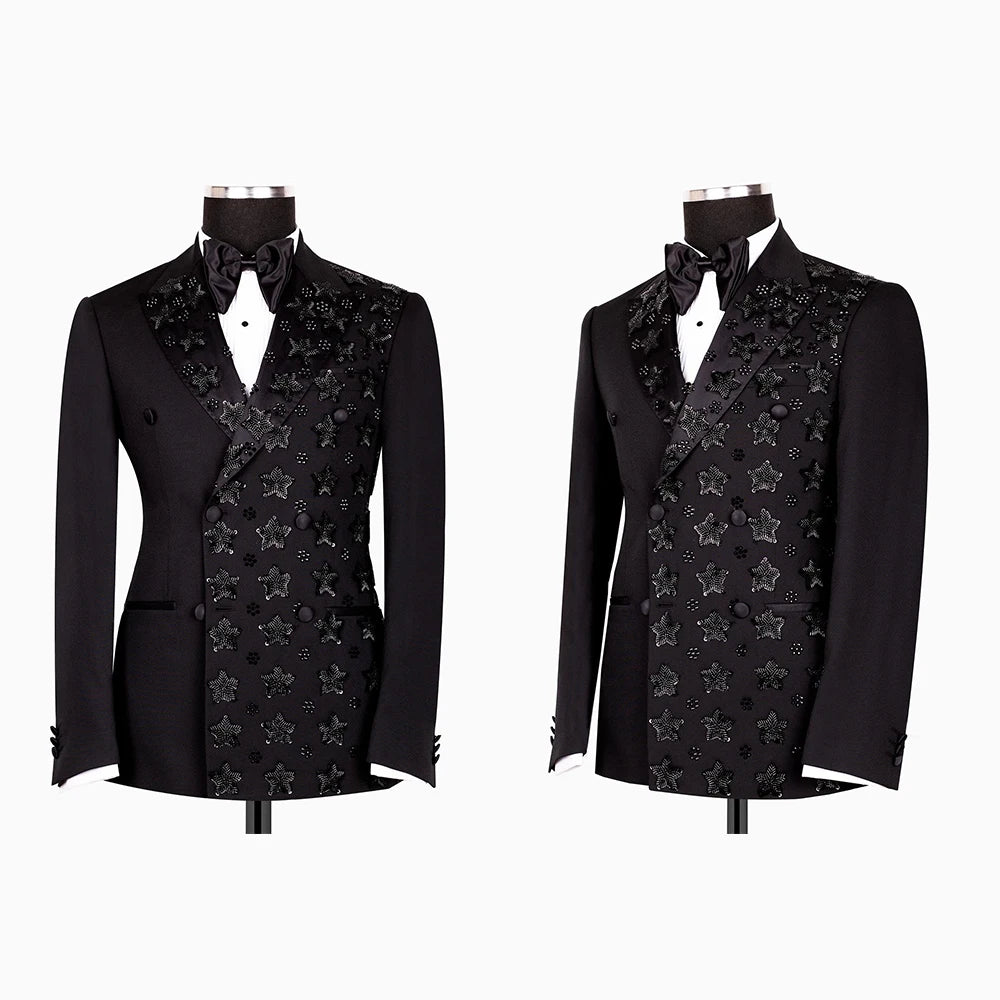 Appliques Wedding Men Coat Peaked Lapel Double Breasted Tuxedos Blazer Slim Fit Clothing Party Only Jacket Customized