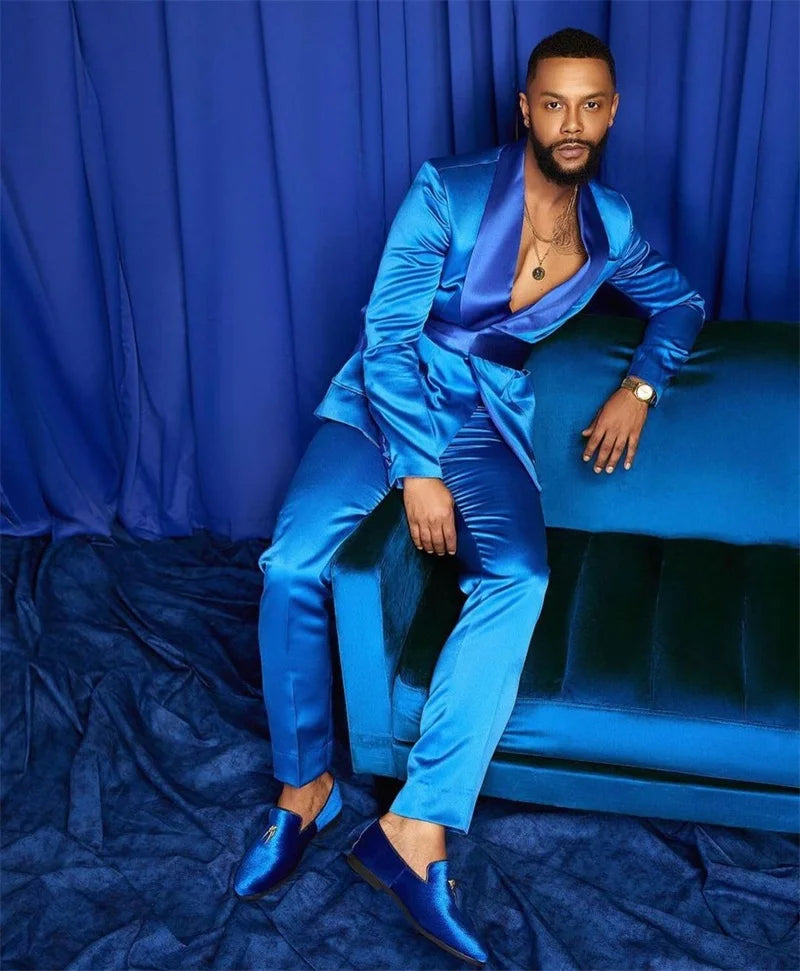 Italian Silver Men Suits Satin Slim Fit Royal Blue Shiny Groom Prom Wedding Tuxedo Tailored Blazer Set Costume Homme
