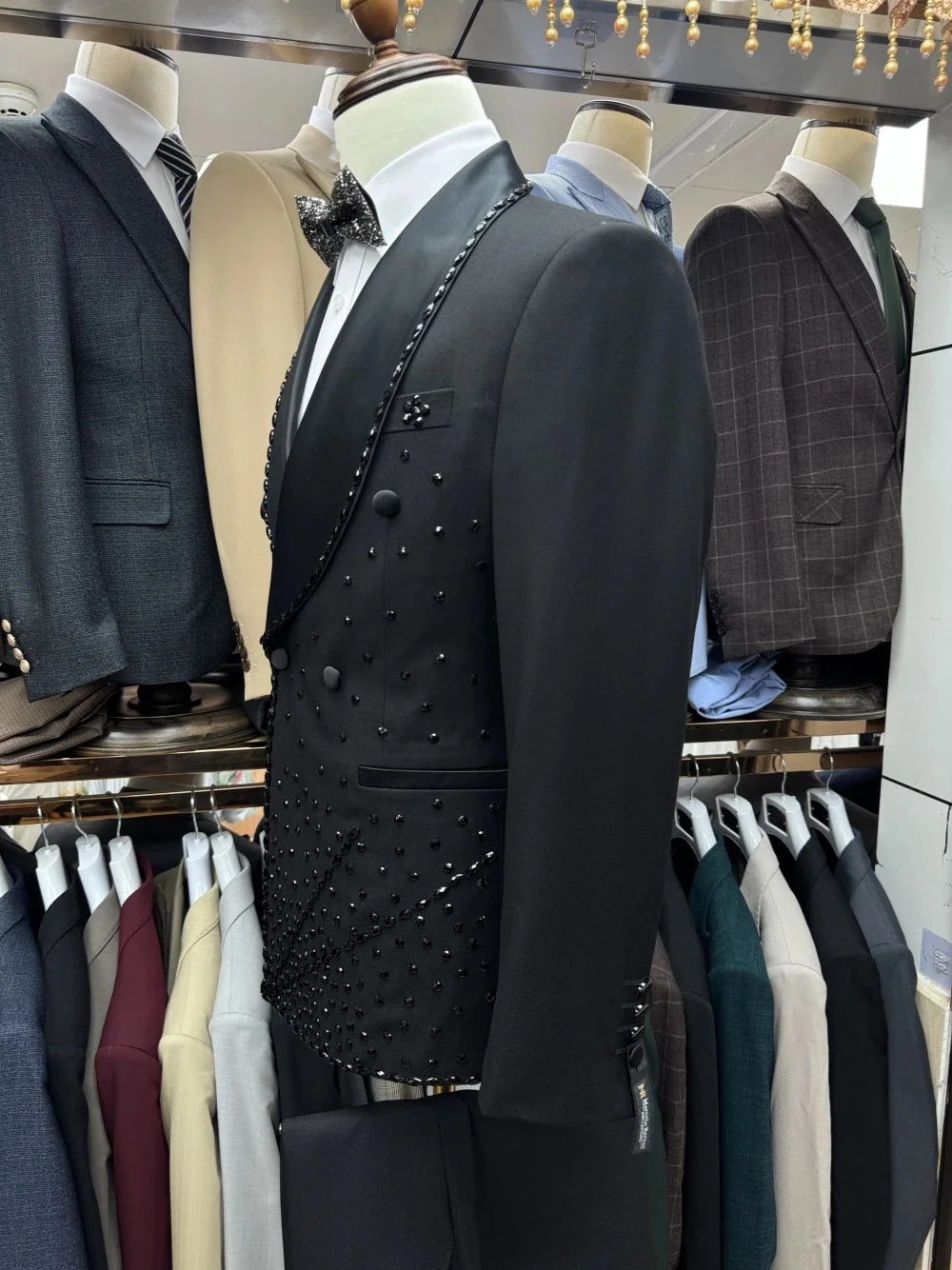 Men's Suit Beaded Shawl Lapel Blazer Simple 2 Pieces Set Coat Rhinestone One Button Prom Formal Occasion Customized Jacket Pants