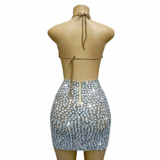 Luxury Sparkly Rhinestones Sexy Stage Hollow Waist Bandage Dress Singer Dancer Performance Cocktail Party Photoshoot Outfit
