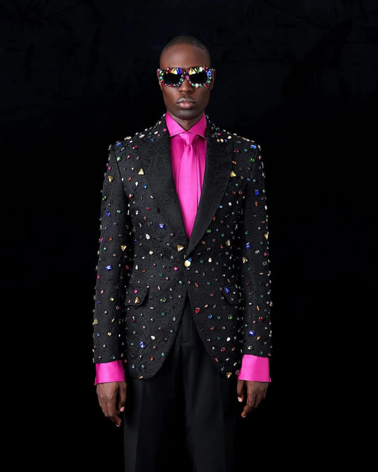 Elegant Men Suits Peaked Lapel Crystal Tailor-Made 2 Pieces Set Jacket One Button Jacquard Blazer Groom Customized Coat Pants