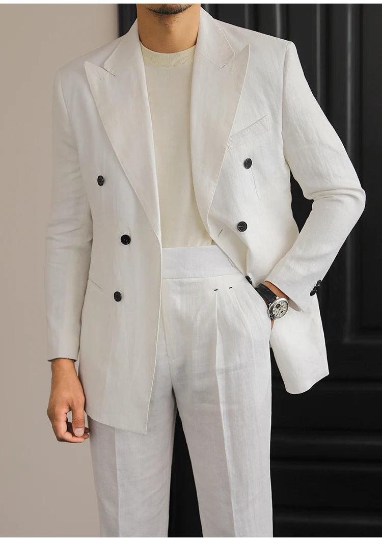 Costume homme élégant en lin croisé, coupe slim, look rétro, disponible en quatre couleurs élégantes
