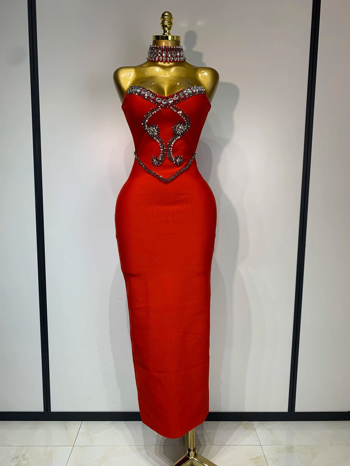 High Quality Strapless Beading with Necklace Bandage Dress Celebrity Elegant Evening Party Fancy Club Birthday Dresses