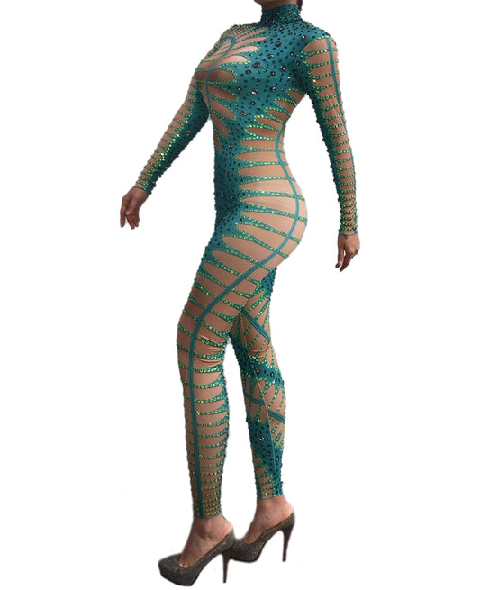 Sparkly Rhinestones Green Nude Jumpsuit Sexy Nigntclub Outfit Dance Costume Performance Clothing Party Celebrate Stage Show Wear