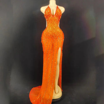 Sexy Sparkly Rhinestone Halter Mesh Transparent Dress Birthday Celebrate Evening Gown Dress Women Sexy Split Backless Stage Dres