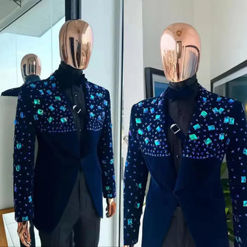 Men Suits Unique Shawl Lapel Crystal Tailor-Made 2 Pieces Set Velvet  Beaded One Button Blazer Customized Jacket Black Pants