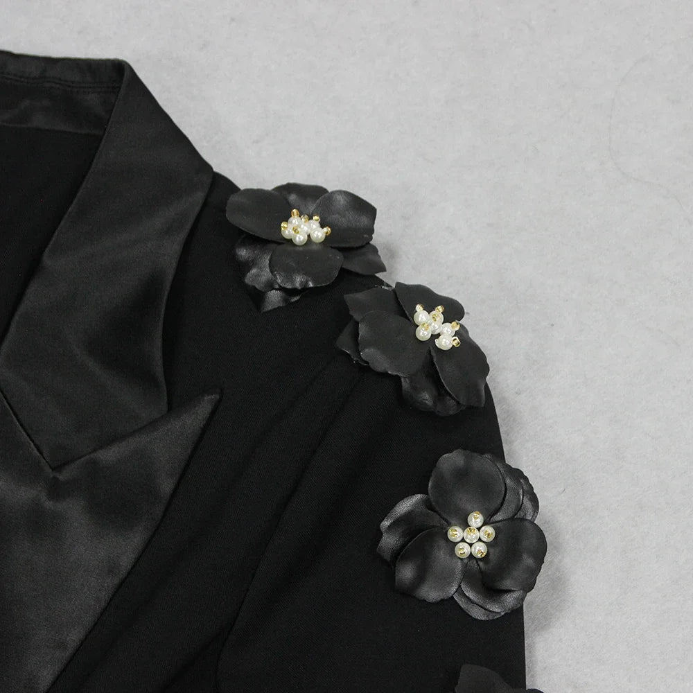 Chic Elegant Women's Black Suit Set with Floral Appliqué Blazer and Flare Pants for Glamorous Party Looks