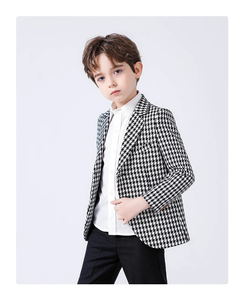 Boys Black White Houndstooth Blazer Fashionable Checkered Jacket