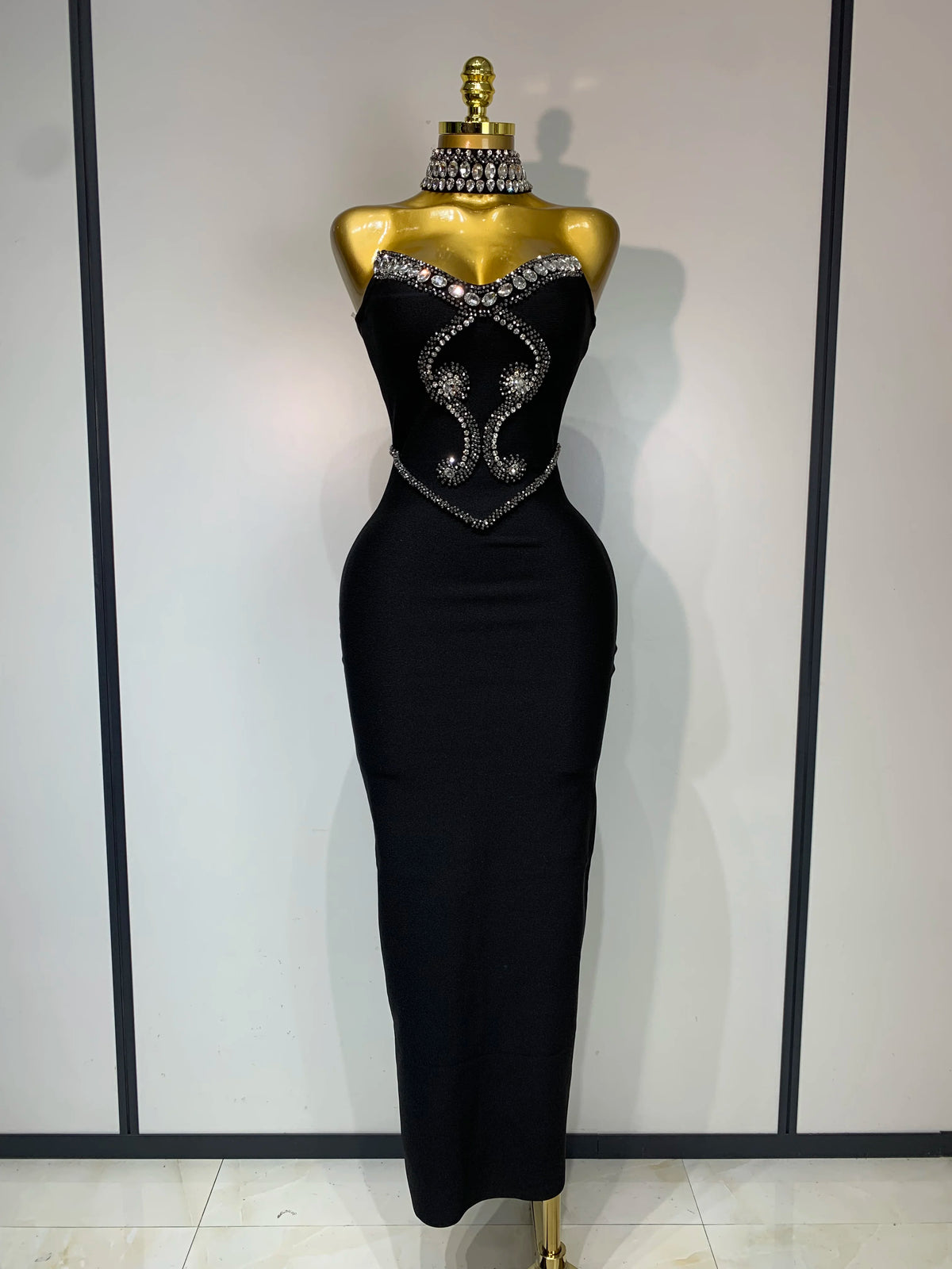 High Quality Strapless Beading with Necklace Bandage Dress Celebrity Elegant Evening Party Fancy Club Birthday Dresses