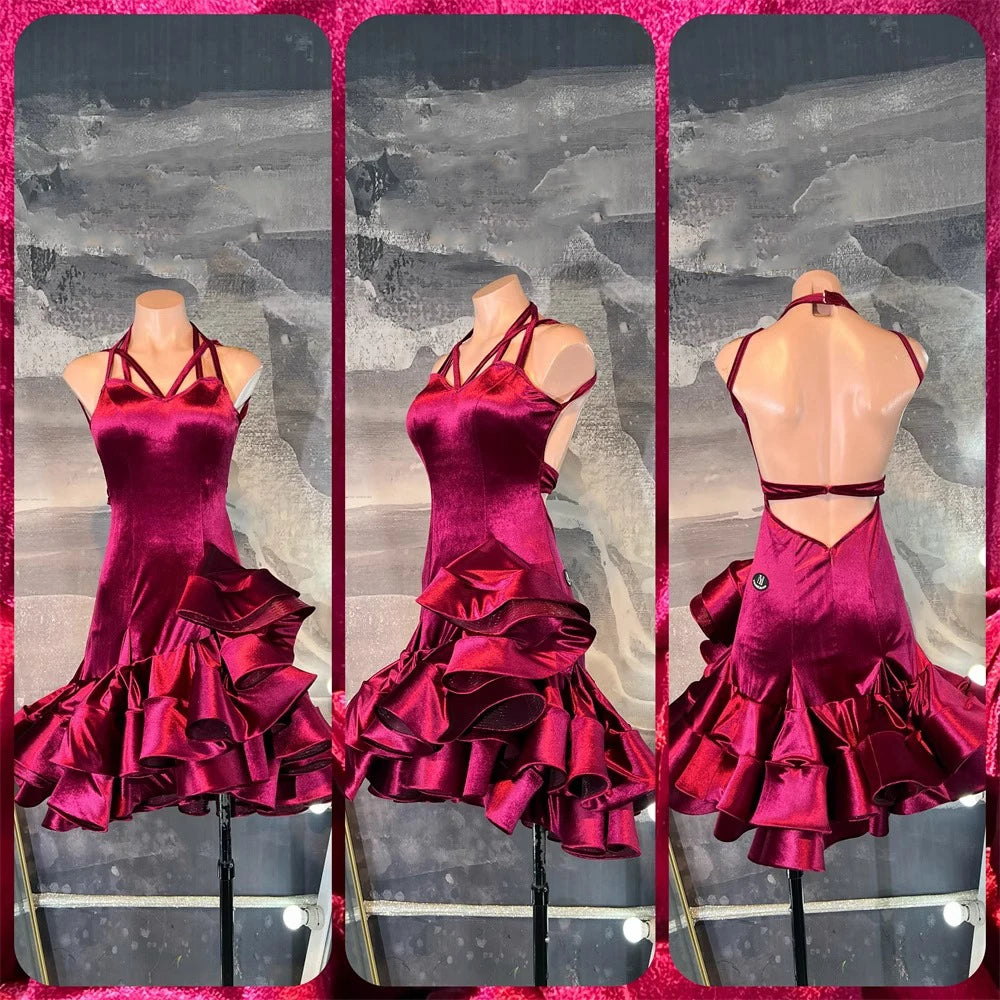 Latin Dance Dress, High-end Custom Wine Red Velvet Floral Dress, Tango Women's Standard Stage Professional Clothing