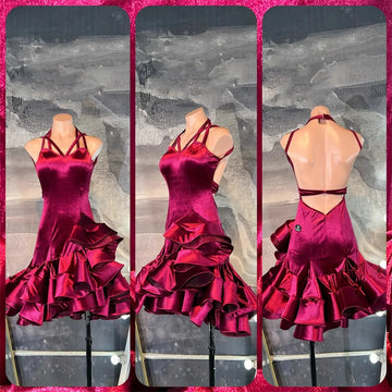 Latin Dance Dress, High-end Custom Wine Red Velvet Floral Dress, Tango Women's Standard Stage Professional Clothing