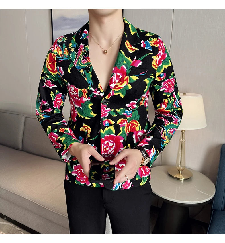 Traje de 2 piezas para hombre, estilo vintage, para fiesta, con estampado de flores grandes, estilo noreste de China, chaqueta y pantalones.