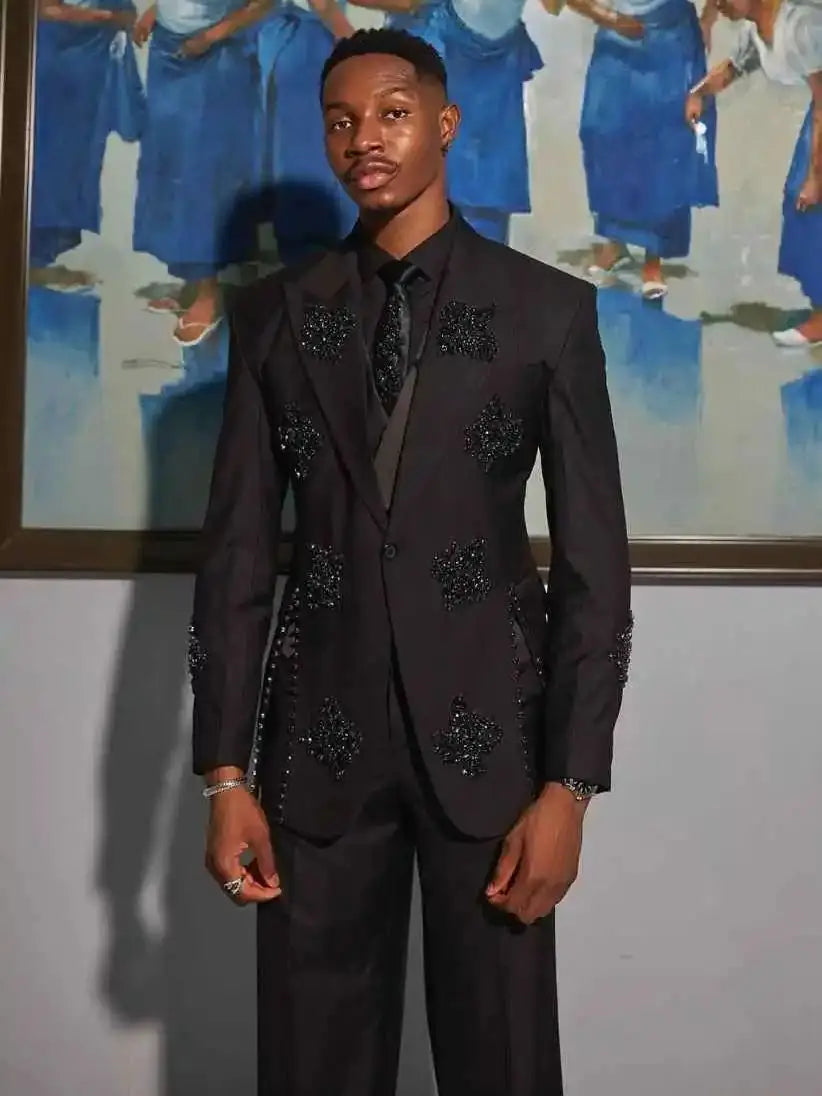 Luxury Men Suit 2 Pieces Blazer Tuxedo One Button Crystals Beaded Slim Fit Wedding Groom Prom Customized