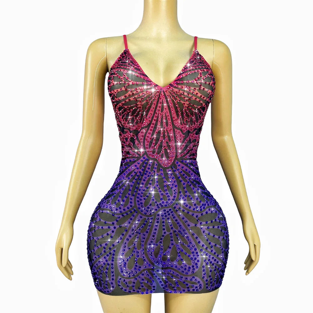 Sexy Blingbling Butterfly Parttern Rhinestones Suspenders Mesh Dress Women Holiday Birthday Party Celebrate Show Stage Outfit