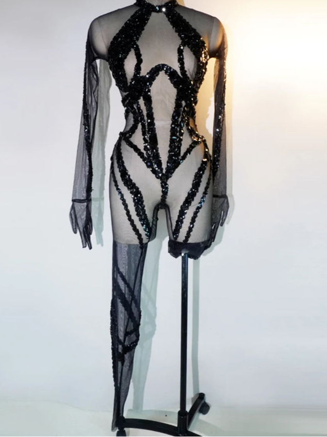 Fashion Sparkle Full Rhinestone Black Jumpsuit Sequin Sexy DS Club Party Birthday Leotard Drag Queen Pole Dance Festival Outfits
