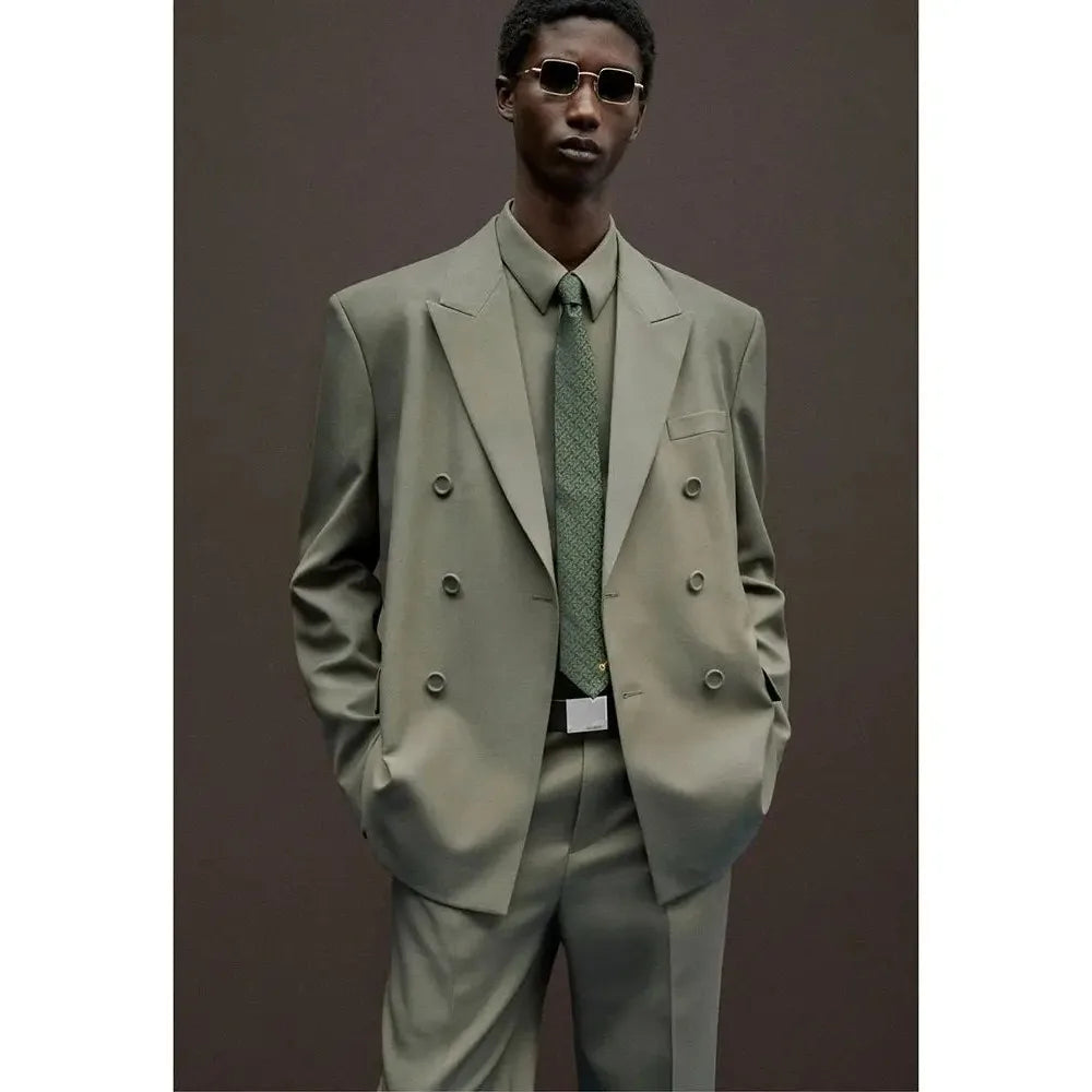 Loose Casual Men Suits Peaked Lapel Double Breasted Business Office Wedding Party Custom Male Clothing 2 Pieces Jacket+Pants