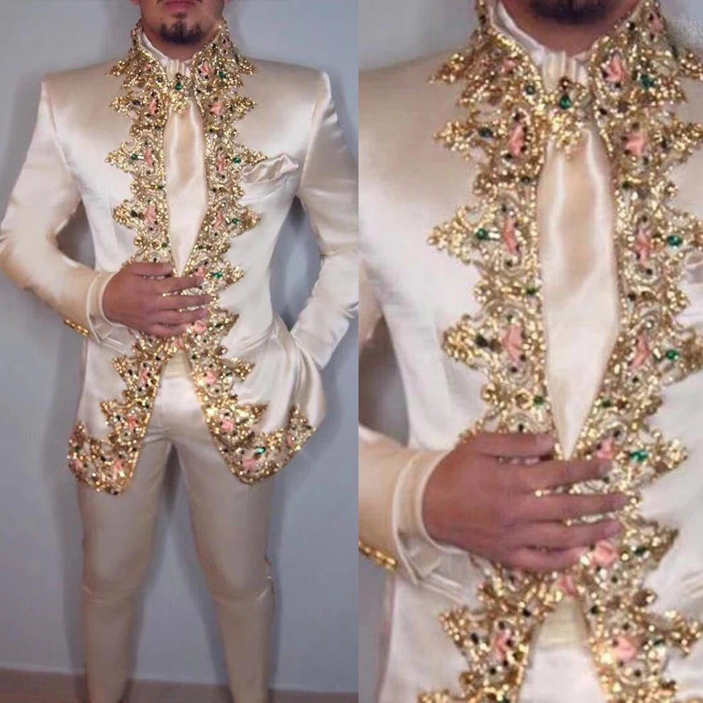 Men Suit Two Piece Jacket+Pants Stand Collar Slim Fit Suits for Men Blazer Customized Wedding Party Formal Occasion Groom
