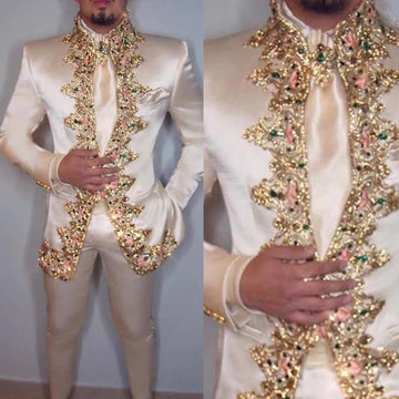 Men Suit Two Piece Jacket+Pants Stand Collar Slim Fit Suits for Men Blazer Customized Wedding Party Formal Occasion Groom