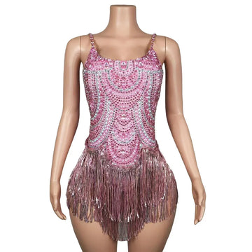 Justaucorps à franges et strass roses scintillants pour femme, tenue de spectacle sexy à pompons, pour boîte de nuit, chanteuse, danseuse, tenue de scène