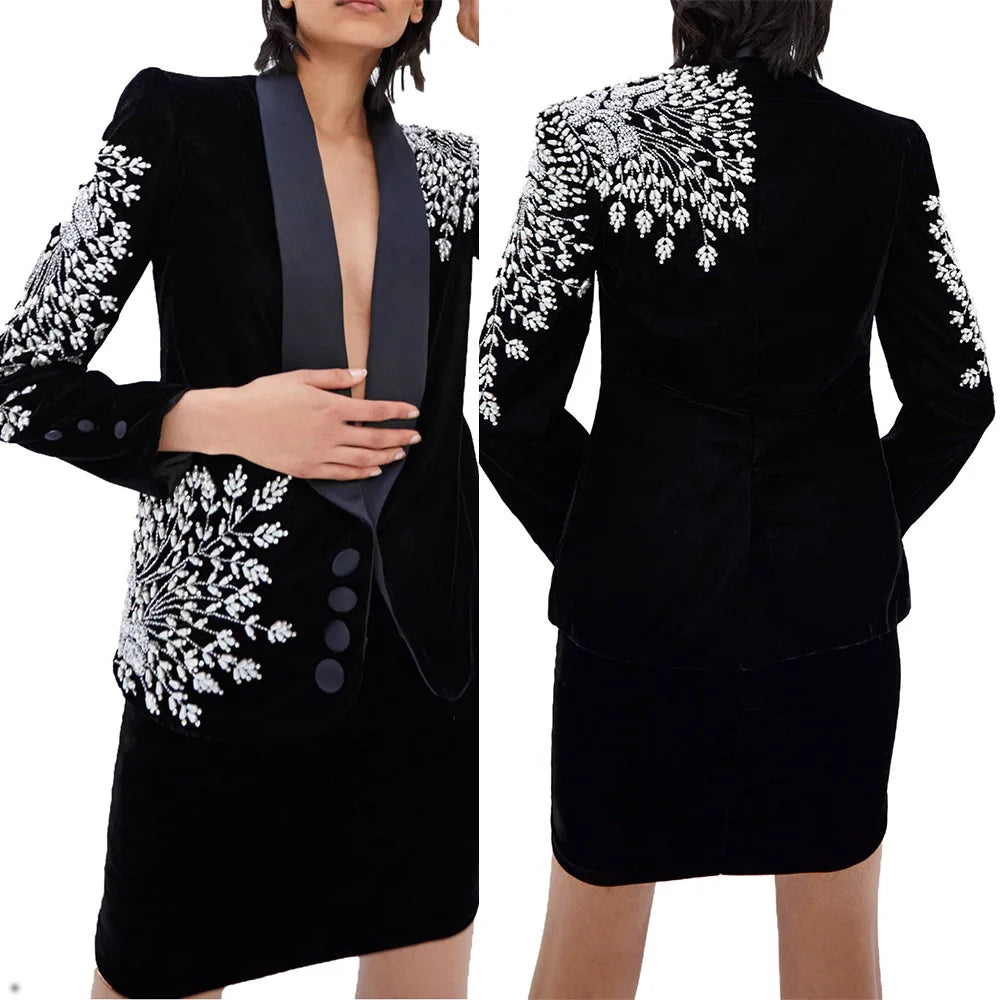 Velvet Women Skirt Suits Tea Length Slim Fit 2 Pcs Crystal Jacket Prom Evenings Guest Formal Wear Customized Party Outfits
