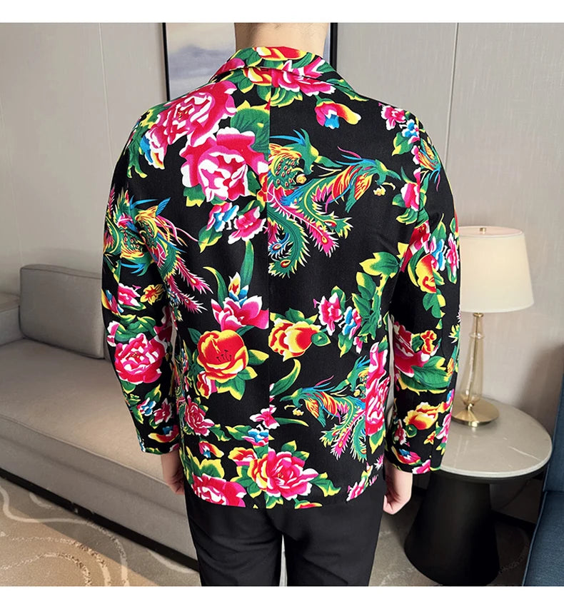 Traje de 2 piezas para hombre, estilo vintage, para fiesta, con estampado de flores grandes, estilo noreste de China, chaqueta y pantalones.