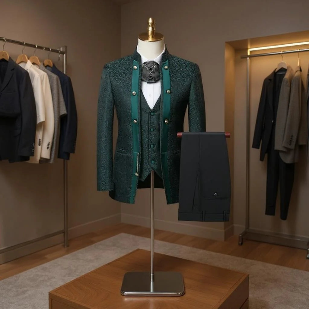 Double Breasted Floral Men Suits for Wedding 3 Pieces Stand Collar Groom Tuxedo Slim Fit Male Suit Jacket with Pants Vest