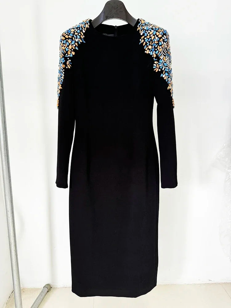 Designer Fashion Women's Long Sleeve Rhinestone Diamonds Beaded Midi Dress