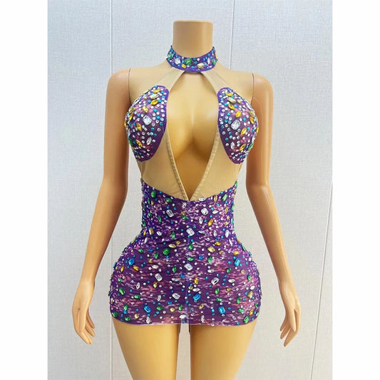Colorful Rhinestones Party Dress Drag Queen Costume Sexy Halter Cutout Pole Dance Dress Women Gogo Dance Evening Wear