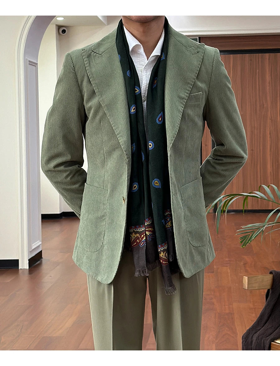 Blazer de bal en velours côtelé vert clair pour homme, costume de gentleman britannique, blazer Naples de haute qualité, costume d'affaires pour homme, blazer Hombre