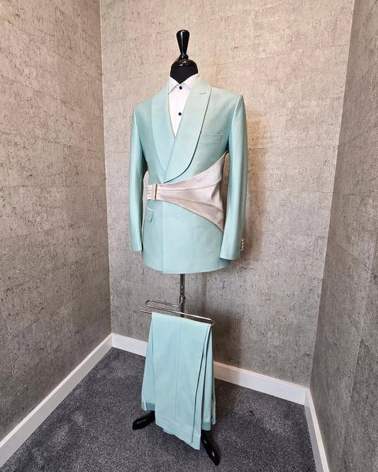 Unique Men Suits for Wedding Tailor-Made Shawl Lapel 2 Pieces Set Groom Blazer with Belt Customized Jacket Coat Pants